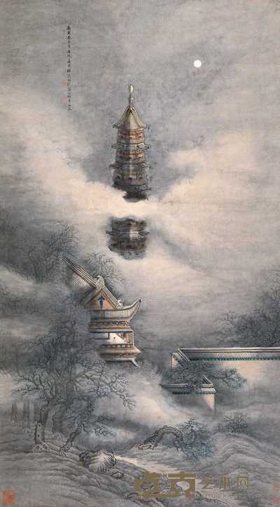 胡若思 1410年作 塔山望月 立轴 148×82cm